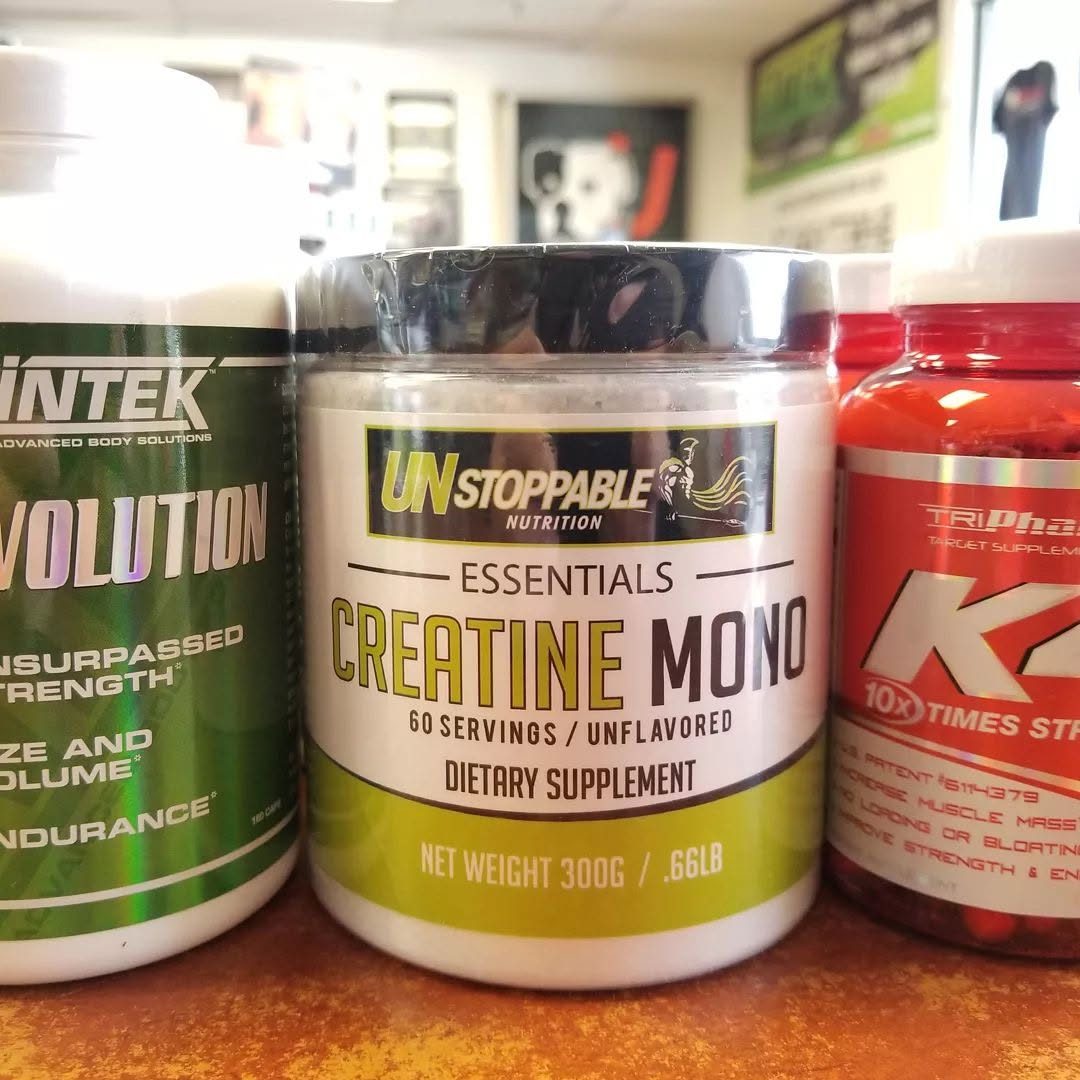 Creatine monohydrate and essentials on the counter
